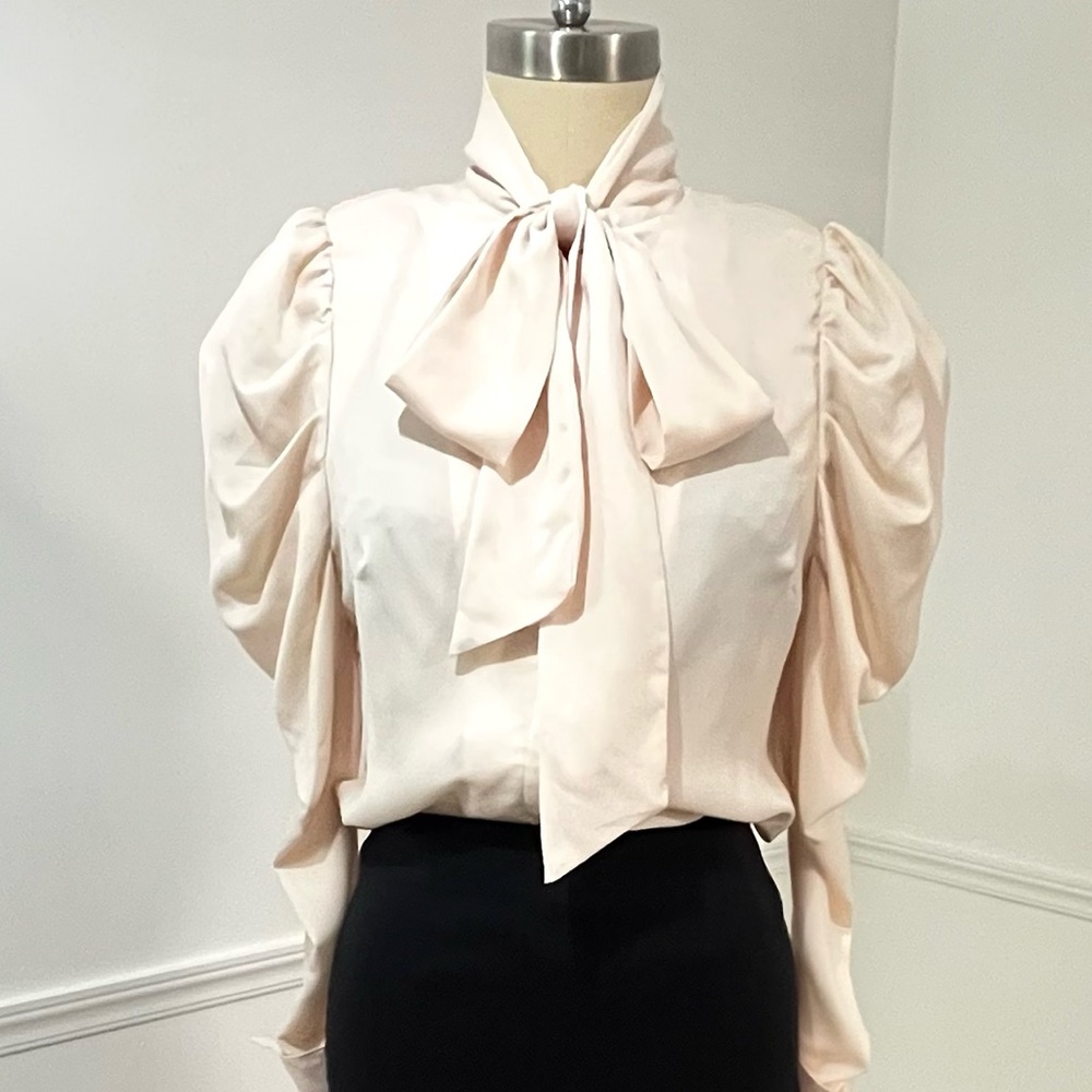High fashion silky blouse huge puff princess sleeves and oversized bow tie